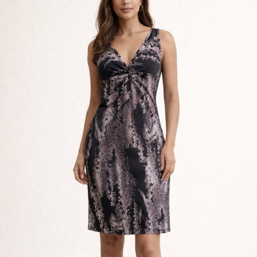 City DKNY Vintage Dress 90s style V neck Sleeveless Dark Print Size Small